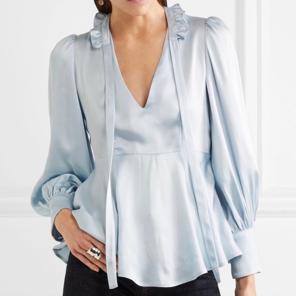 Alexa Chung Tie Neck Satin Blouse Sky Blue Peplum Ruffle Balloon Sleeve Blouse